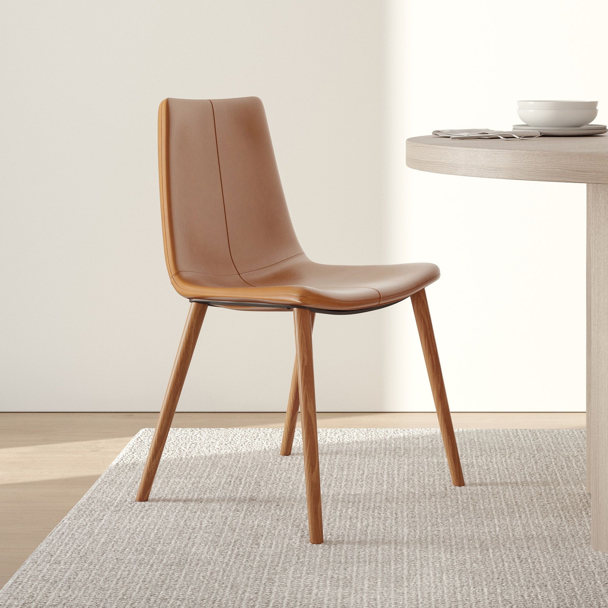 Slope Dining Chair Wood Base, Vegan Leather, Saddle, Cool Walnut - Image 0