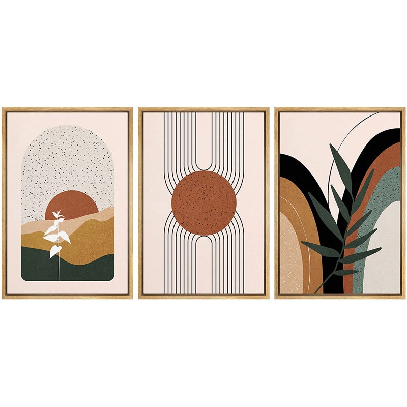Mid-Century Geometric Sun And Tropical Plants - 3 Piece Floater Frame Painting Set on Canvas - Image 0
