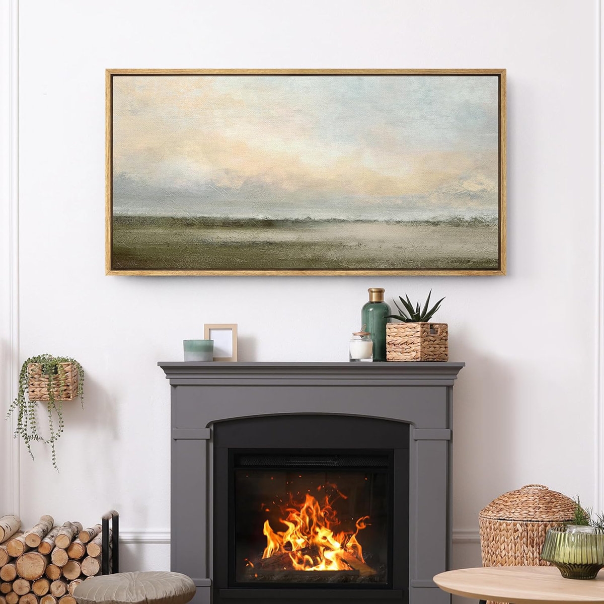 Muted Green Sunrise French Country Landscape Rustic Neutral Large Framed Canvas Print Wall Art Work - Image 0