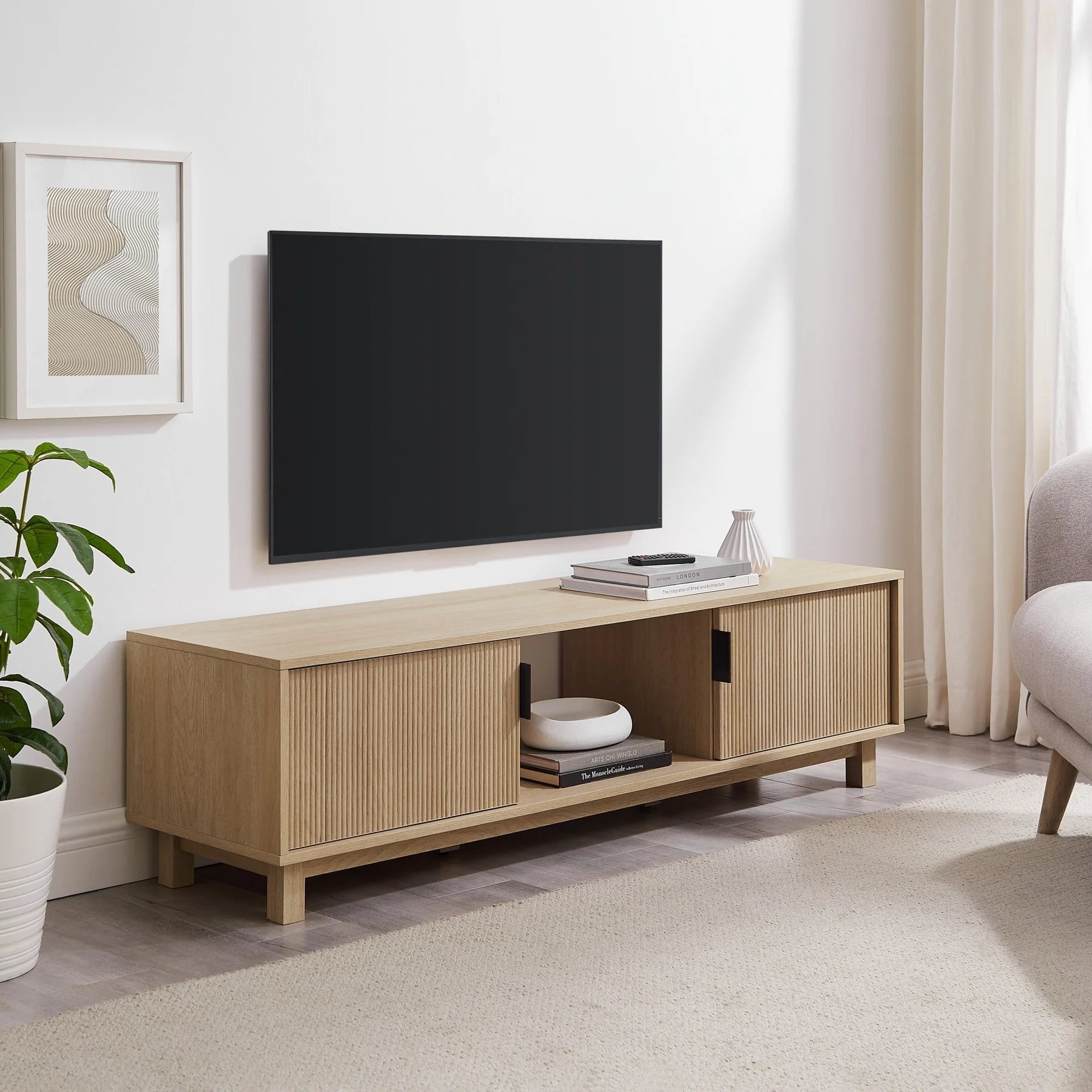 Reema Arundo Scandinavian Reeded TV Stand- Coastal Oak - Image 1