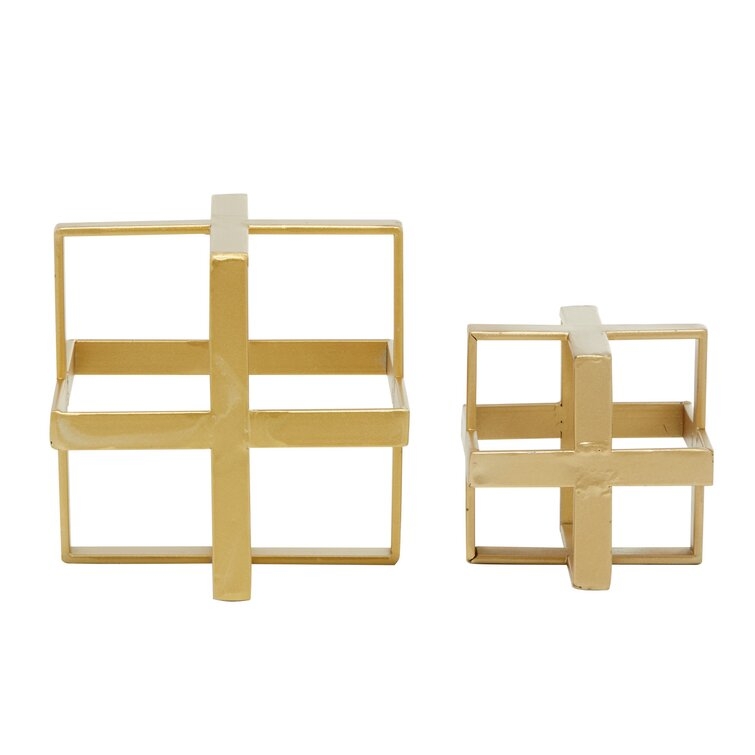 Set Of 2 Gold Metal Glam Geometric Sculpture, 5", 7" - Image 1