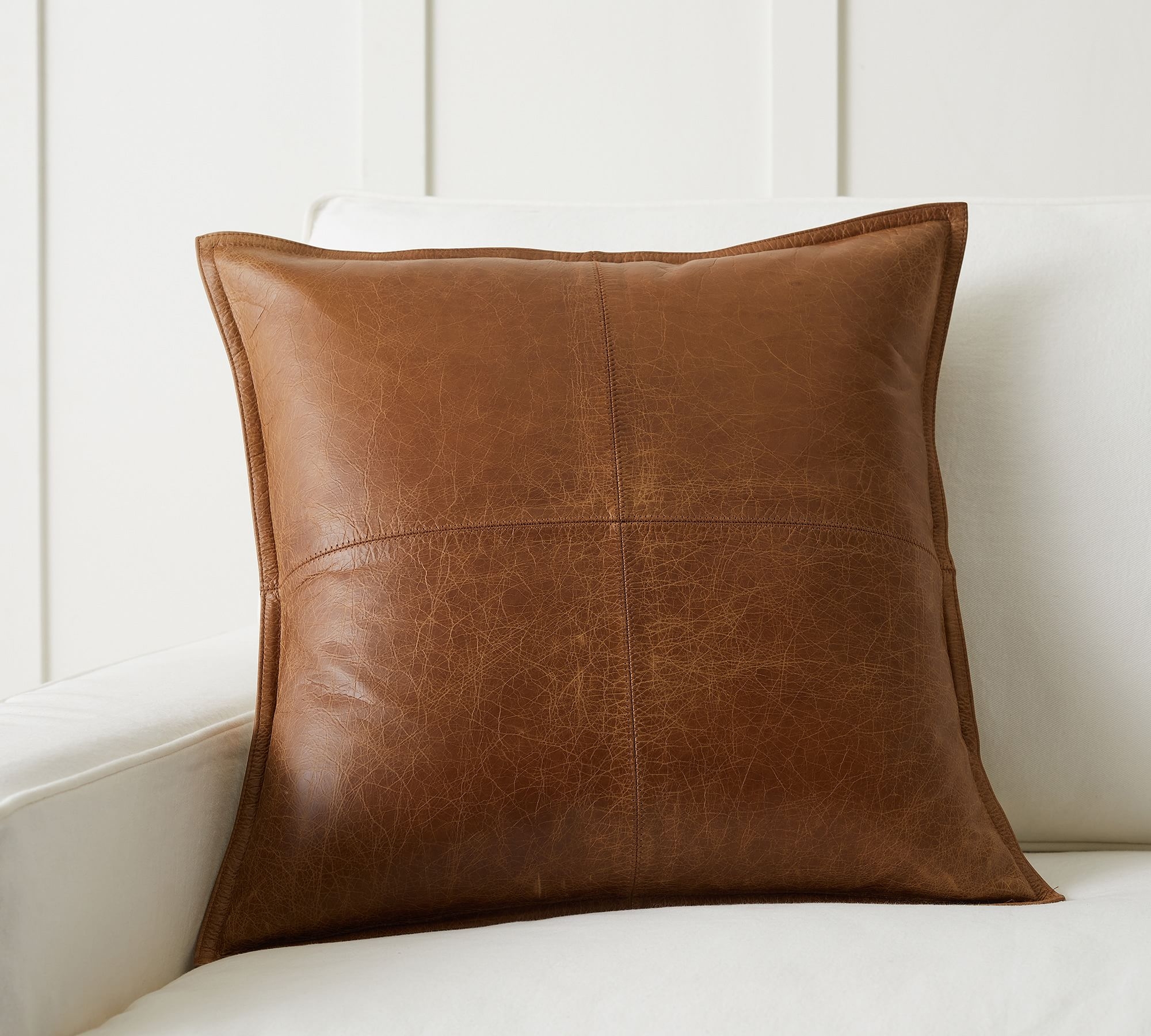 Pieced Leather Pillow Cover, 20", Whiskey Brown - Image 1