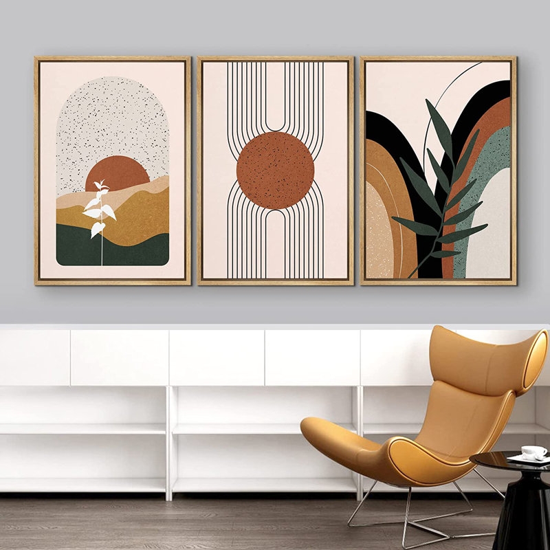 Mid-Century Geometric Sun And Tropical Plants - 3 Piece Floater Frame Painting Set on Canvas - Image 2