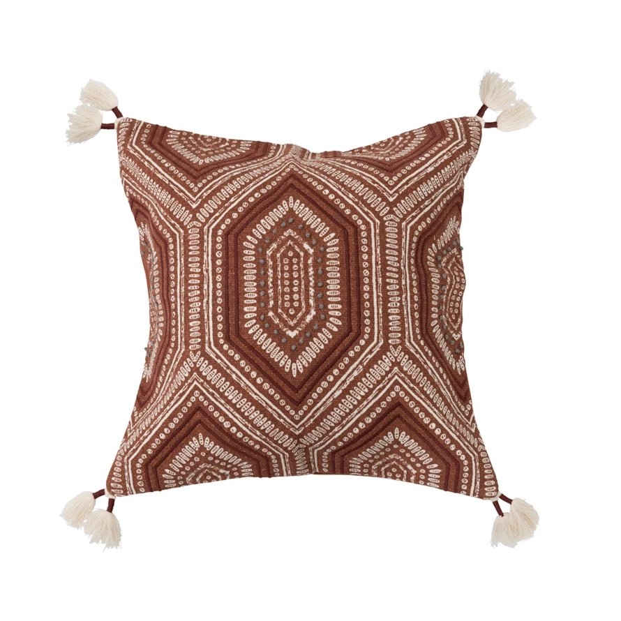 18" Cotton Printed Pillow w/ Embroidery & Tassels, Polyester Fill - Image 0