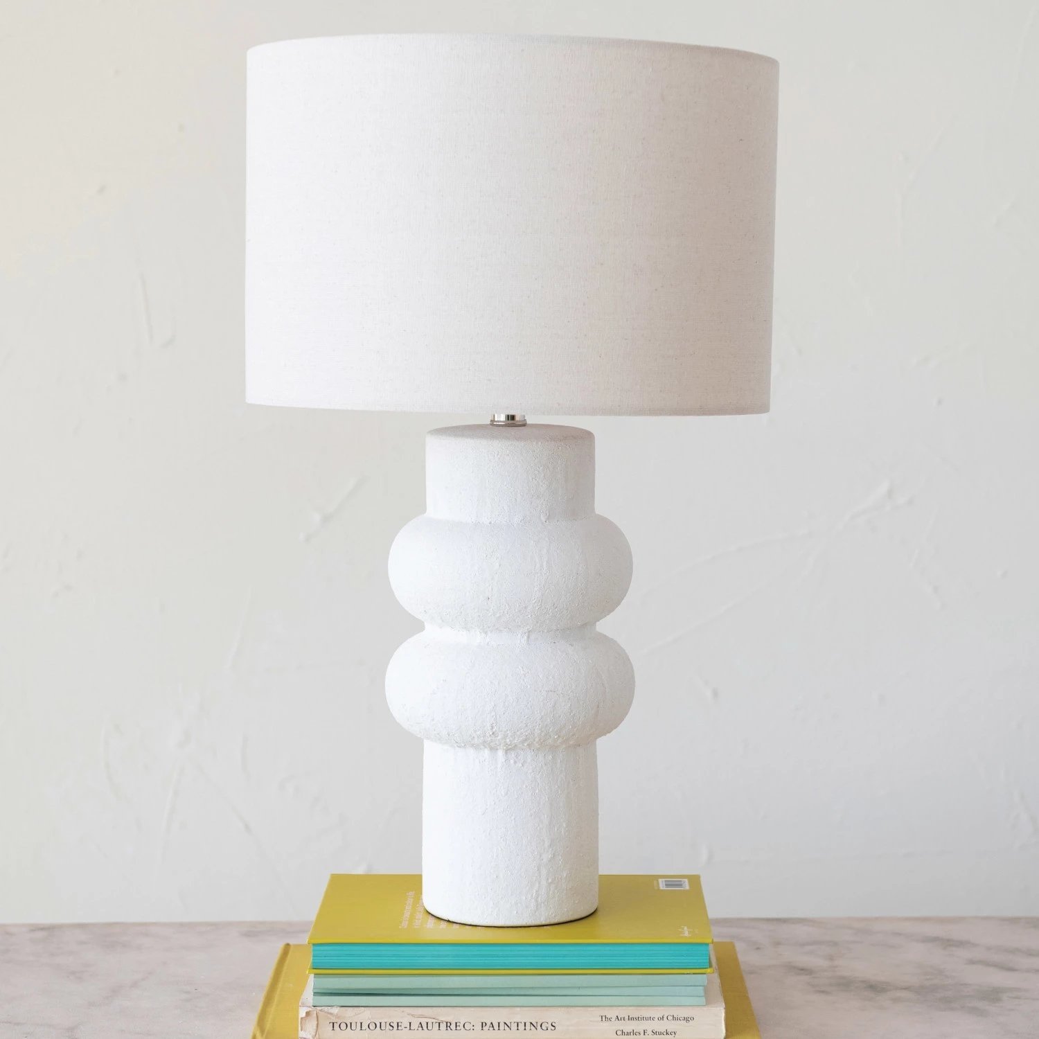  Stoneware Table Lamp with Linen Shade, White Volcano Finish - Image 1