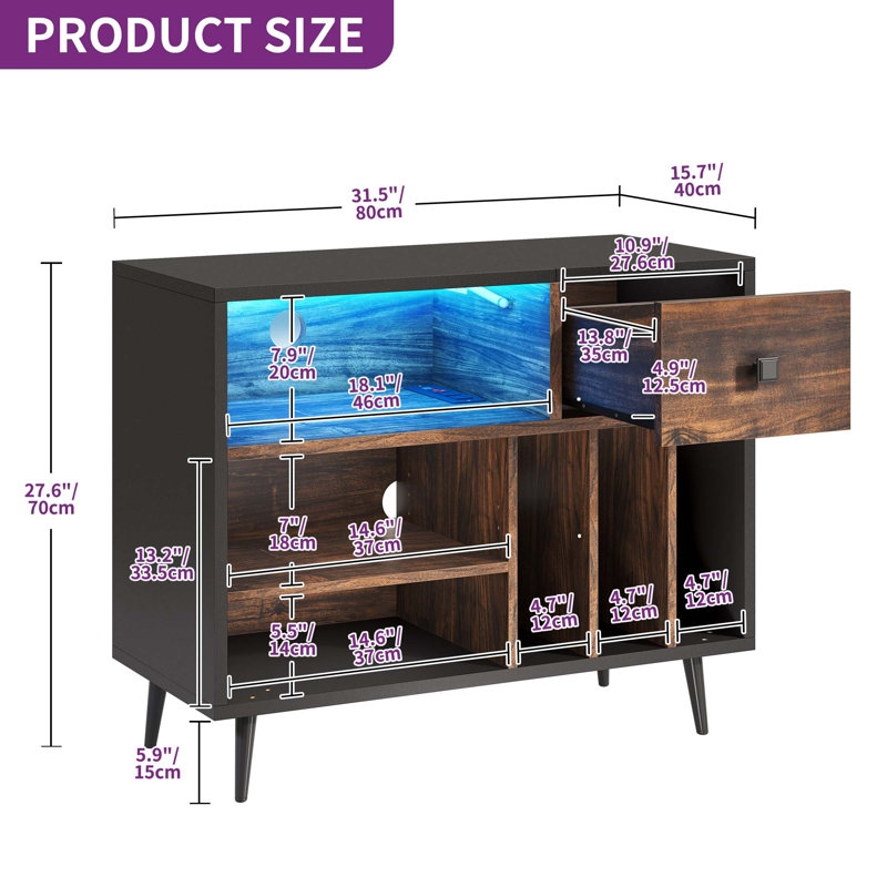 Midkiff Record Player Storage Cabinet Table Stand with Power Outlets & LED Light - Image 2