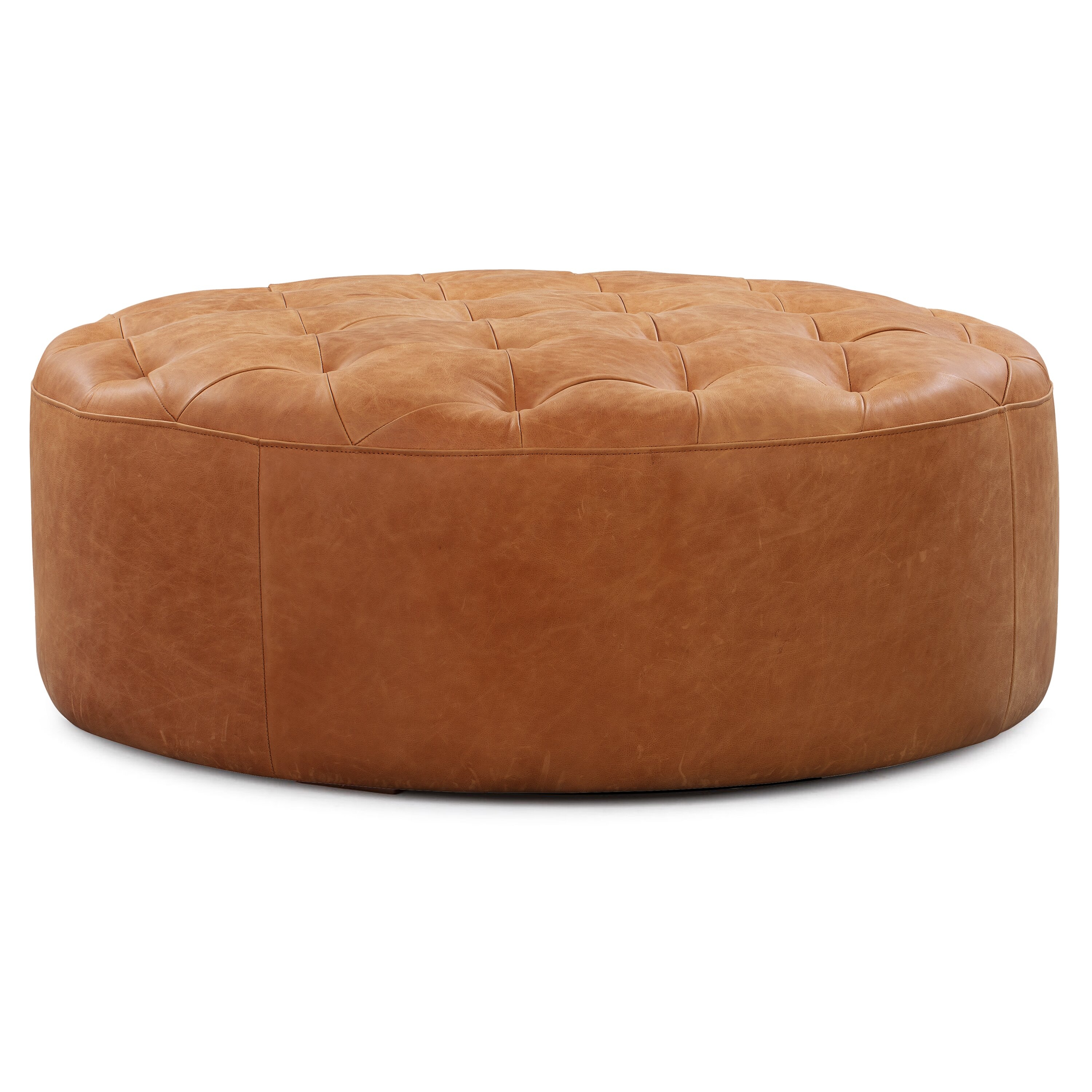 Gazit 40" Genuine Leather Tufted Round Cocktail Ottoman - Image 0