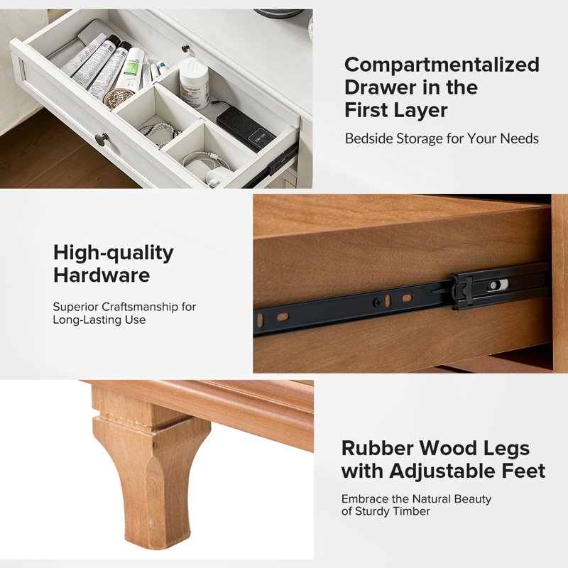 Arthelia 3-Drawers Nightstand with Built-in Charging station and Solid Wood Legs(Set of 2) - Image 2