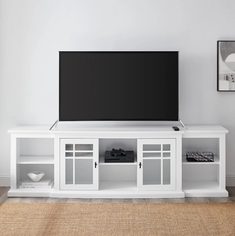 Classic Detailed Glass-Door Storage TV Stand for TVs up to 88” – White - Image 0