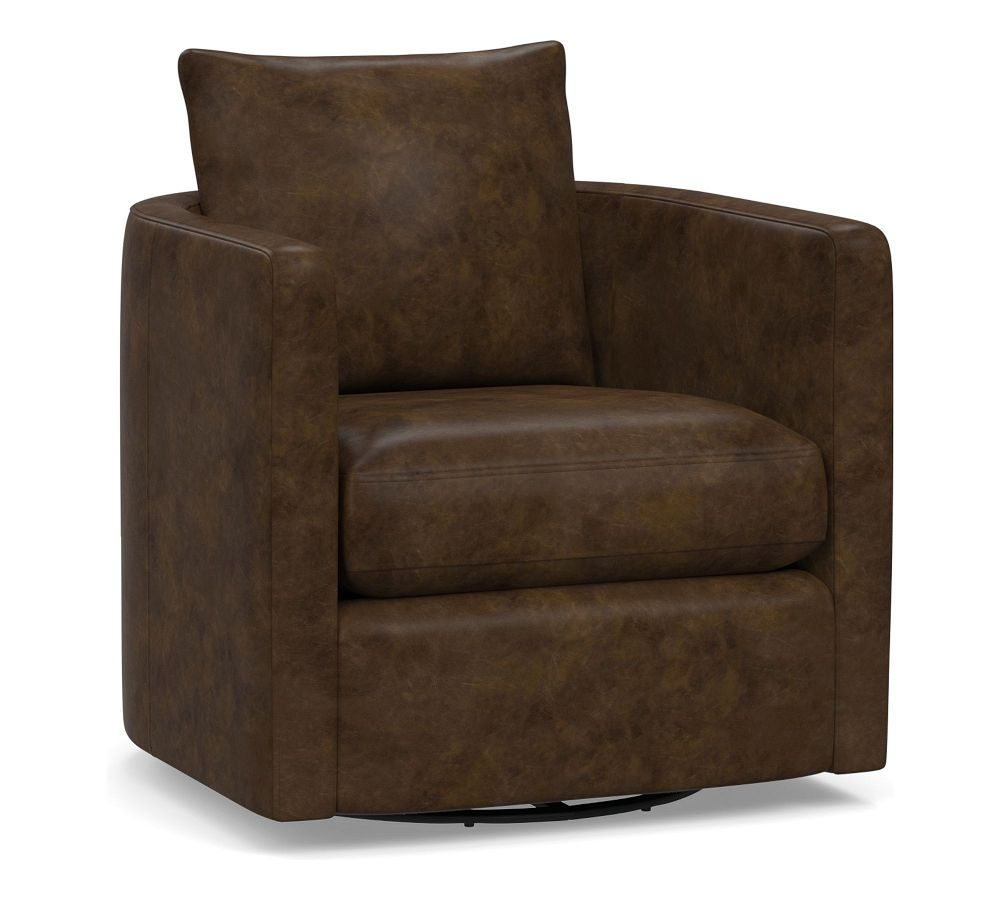 Ayden Barrel Leather Swivel Armchair, Polyester Wrapped Cushions, Vintage Cocoa - Image 0