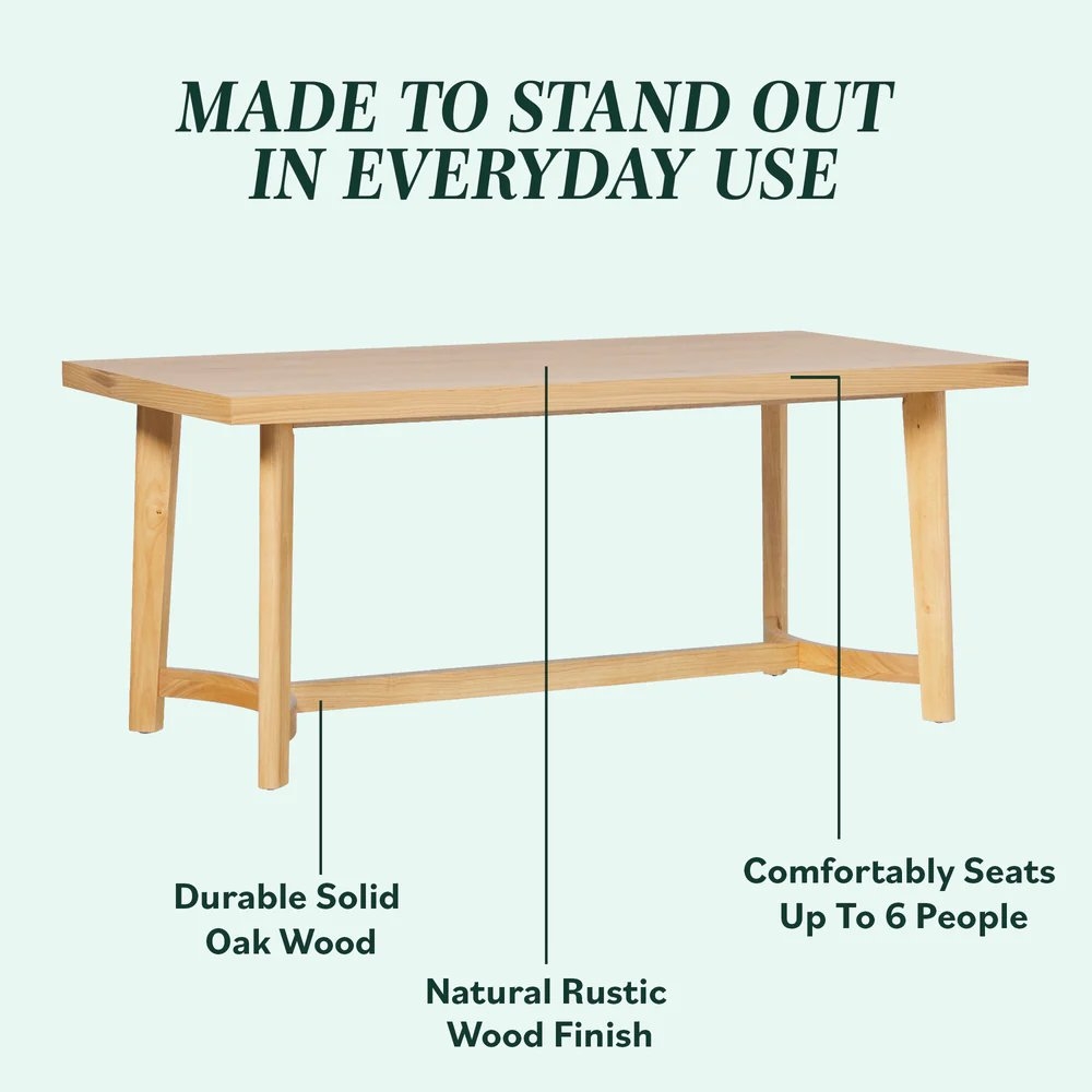 Modern Farmhouse Rustic Solid Oak Wood 70" Rectangle Dining Table For 6 - Image 3