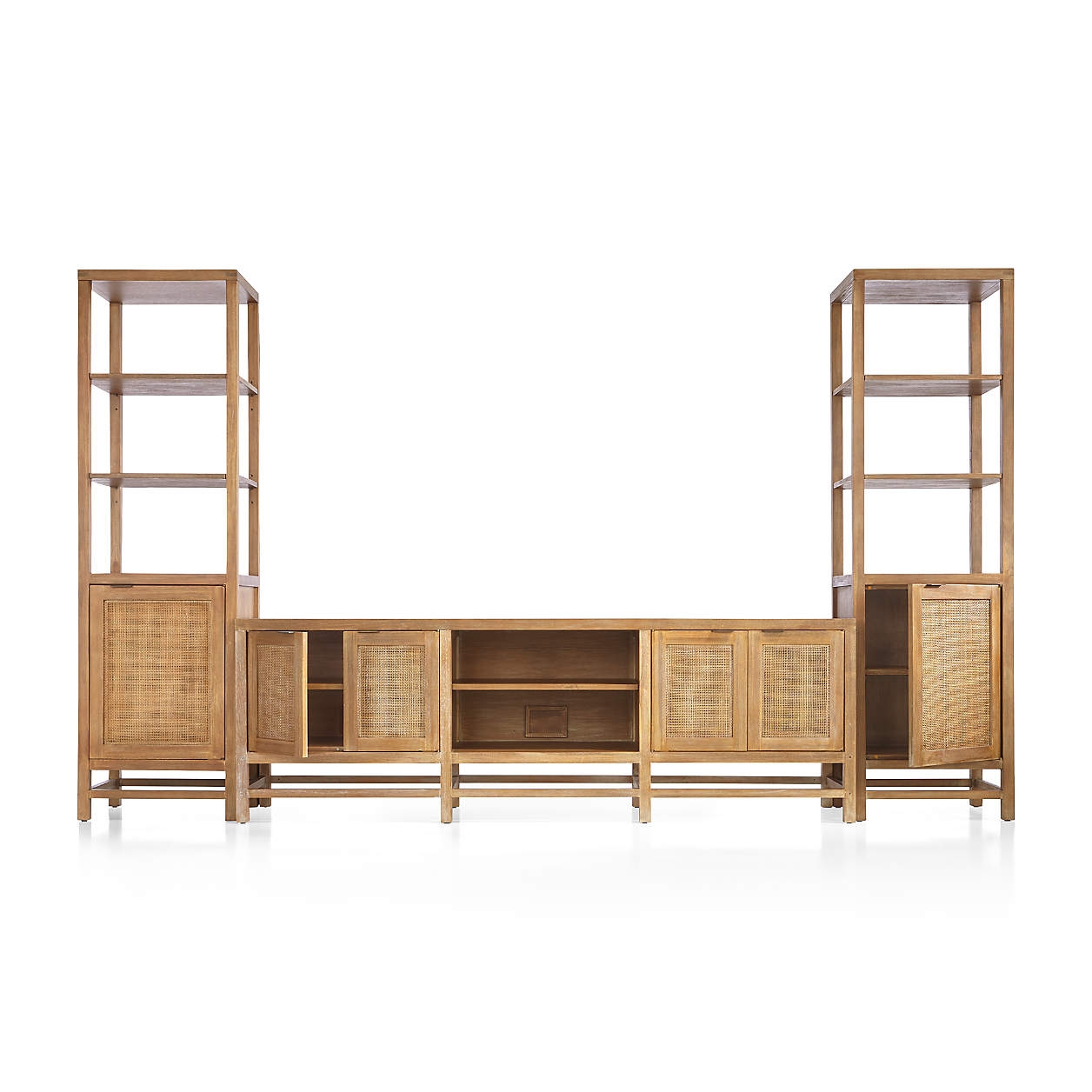 Blake 85" Light Brown Teak and Rattan Storage Media Console with 2 Tall Cabinets - Image 0