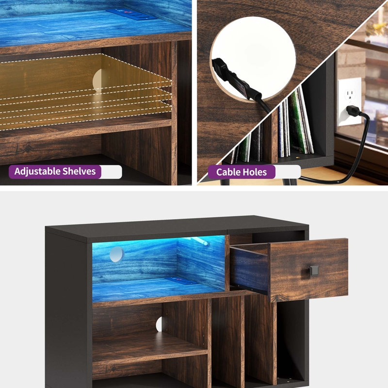 Midkiff Record Player Storage Cabinet Table Stand with Power Outlets & LED Light - Image 7