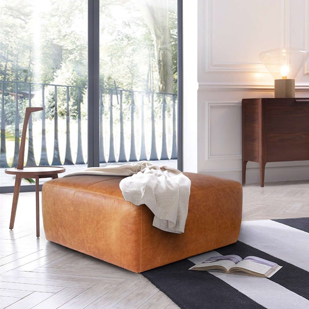 Heafield Square 35" Wide Full-Grain Genuine Italian Leather Ottoman - Image 3