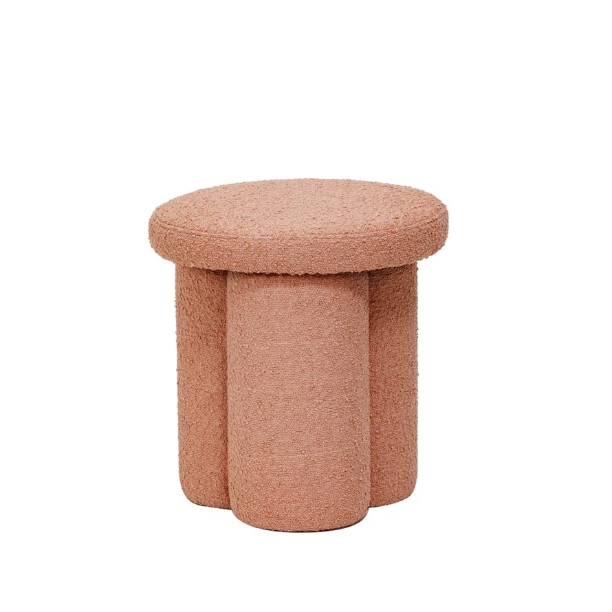 Round Bouclé Fabric Upholstered Stool with Wood Legs, Pink - Image 0