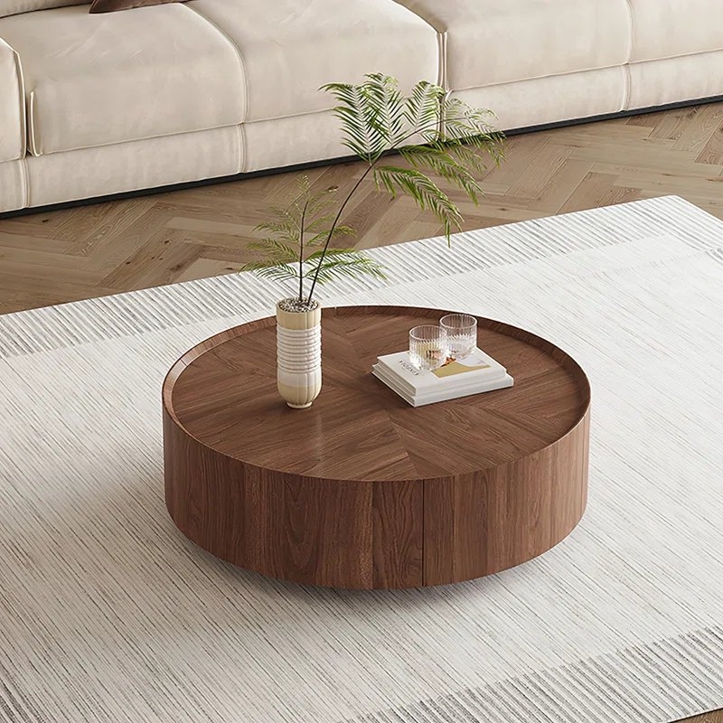 Kemberton Walnut Round Coffee Table with Storage Drawers Black Base - Image 1