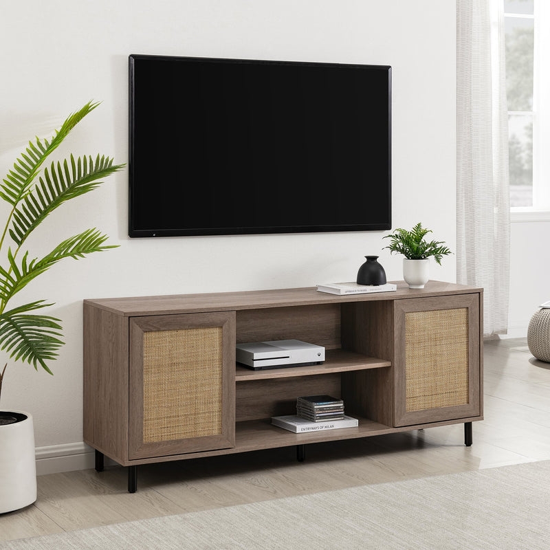 58" 2 Door Wood and Rattan TV Stand - Driftwood - Image 2