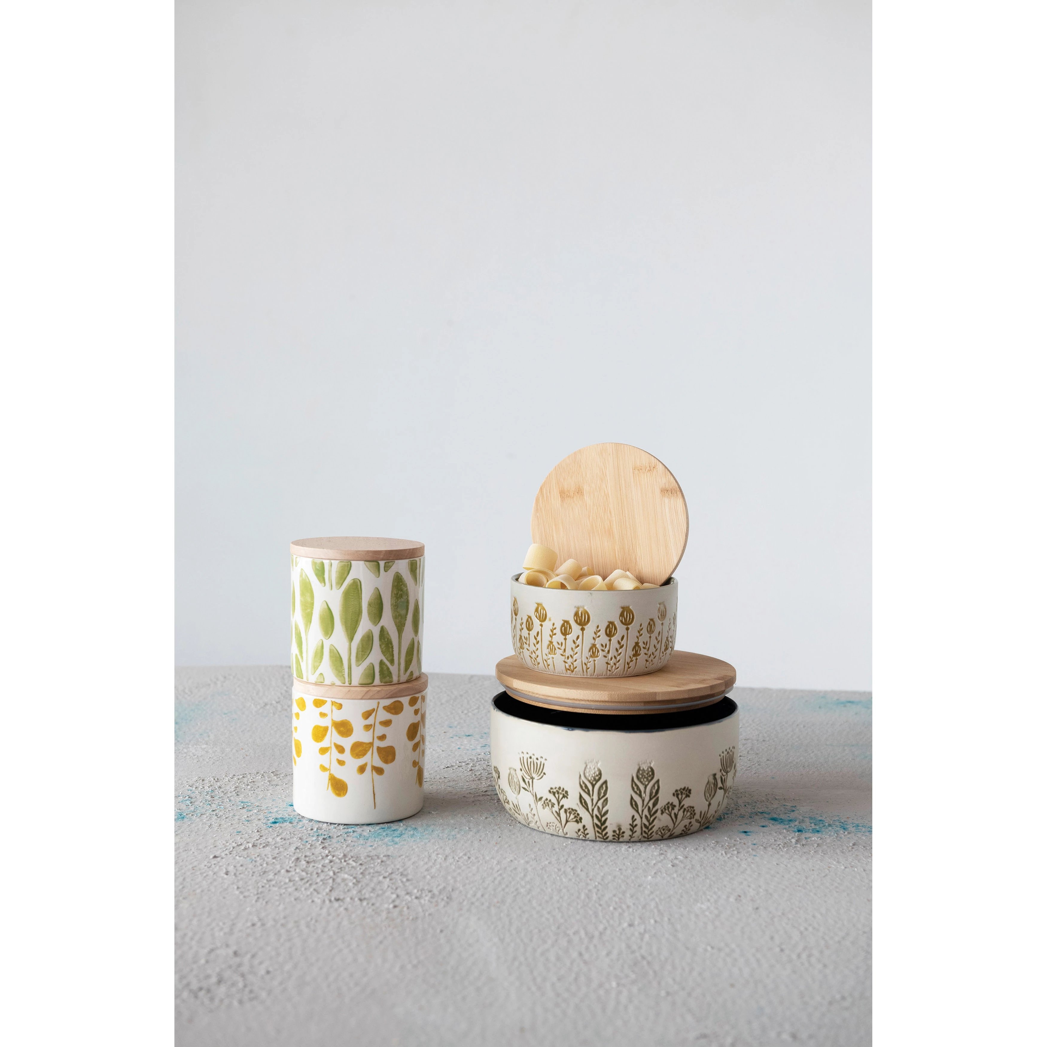 Hand-Stamped Stoneware Jar with Bamboo Lid and Floral Print, Set of 2 Colors - Image 1