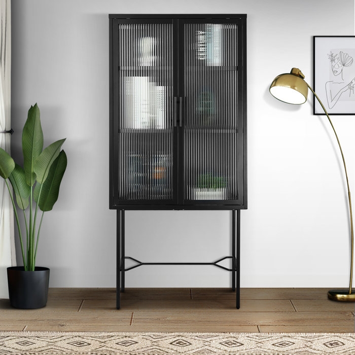 Mussab Metal Floor Cabinet with 2 Tempered Glass Doors, Dust-free Tall Storage Cabinet with 3 Layer Shelf - Image 0