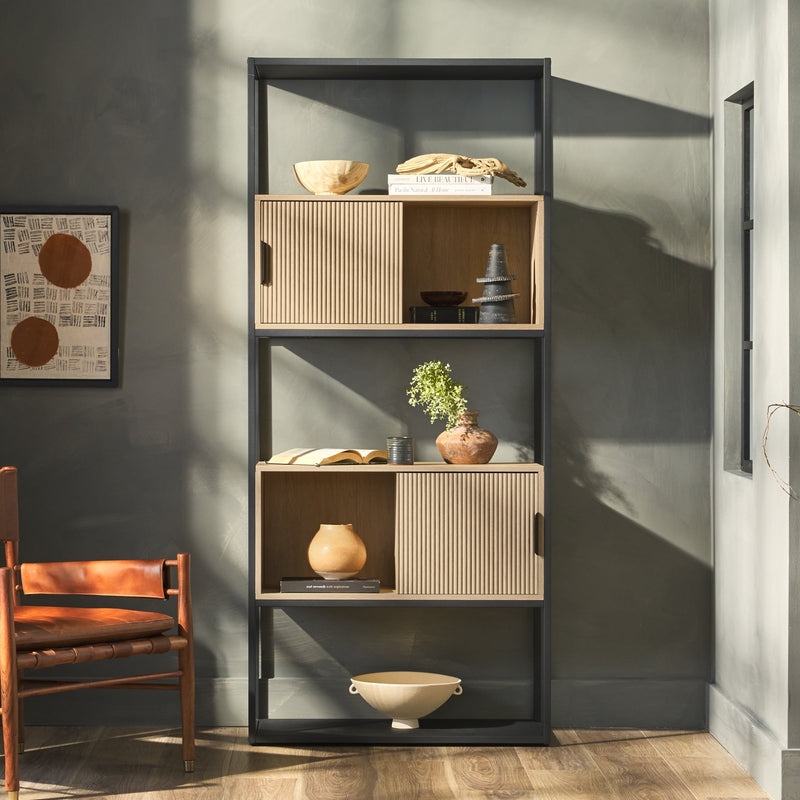 Tall Bookcase with Closed and Open Storage - Coastal Oak/ Black - Image 0