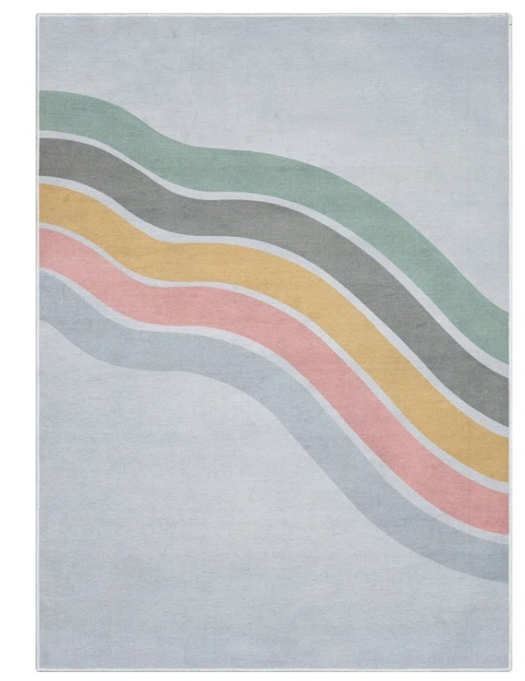 Well Woven Kids Rugs Curved Rainbow Modern Multi Color Printed Distressed Machine Washable Area Rug - Image 0