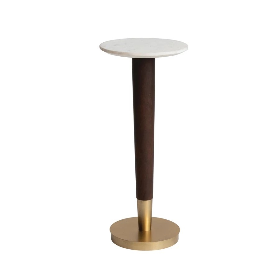 Acacia Wood and Metal Martini Table with Marble Top, Walnut and Brass - Image 0
