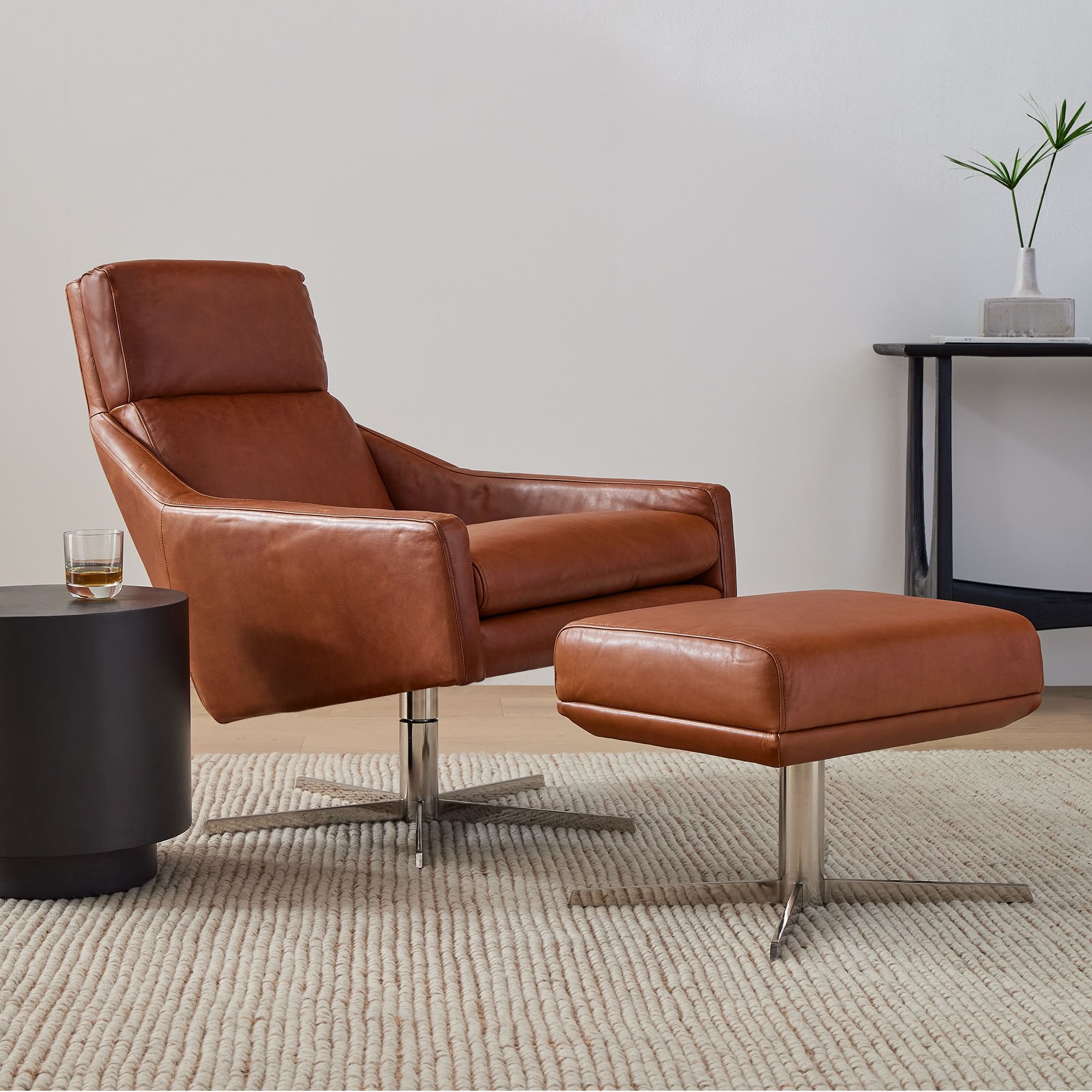 Austin Leather Swivel Armchair & Ottoman Set, Aspen Leather, Chestnut - Image 0