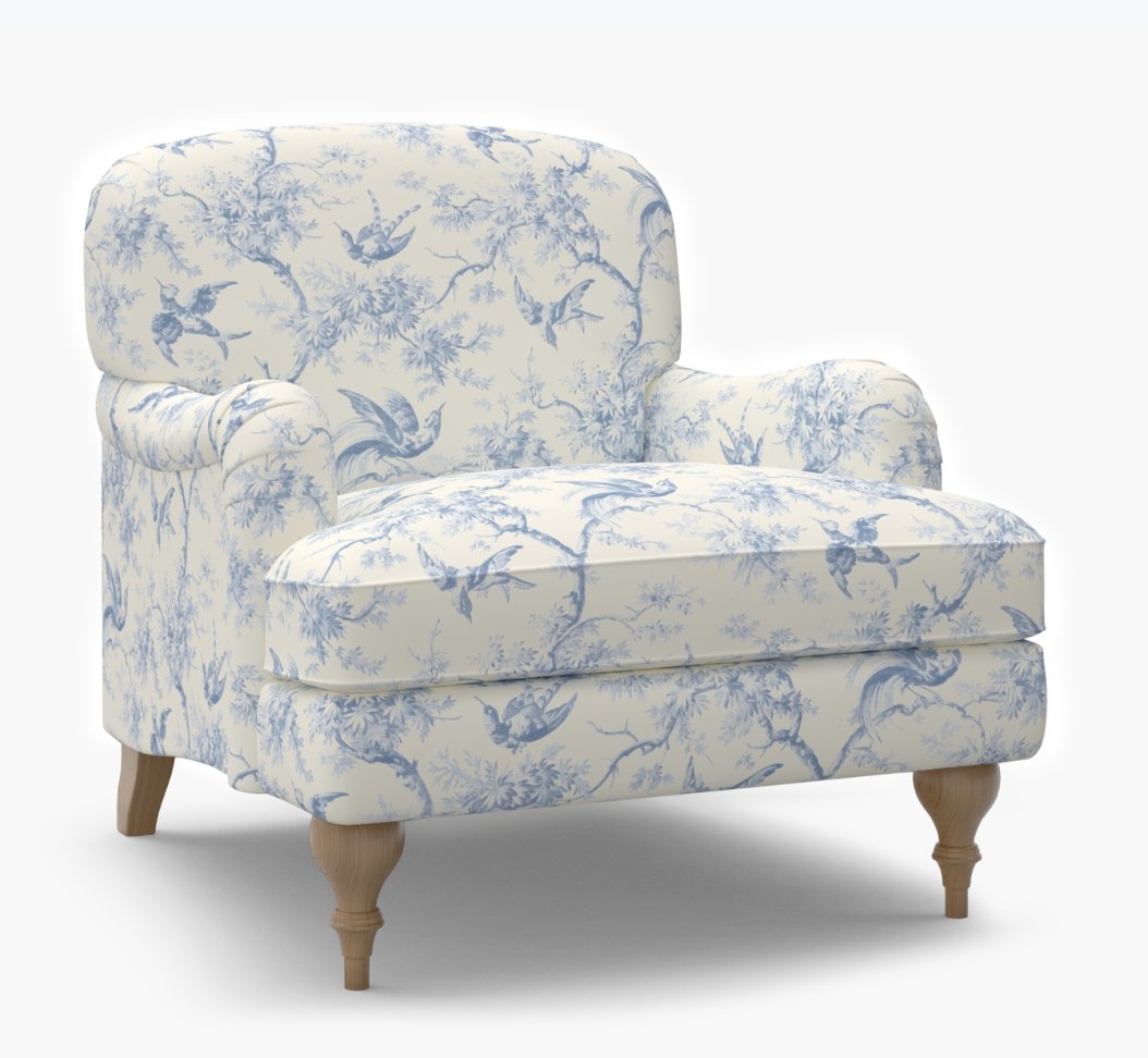 English Roll Arm Chair, Blue Swallows, Walnut Turned Wood Leg - Image 0