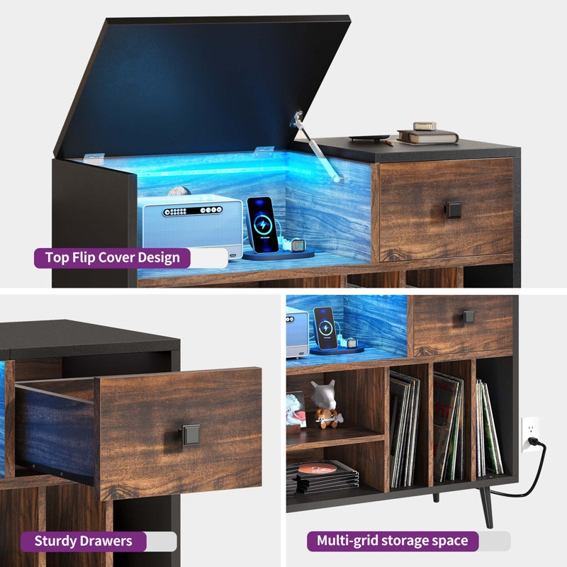 Midkiff Record Player Storage Cabinet Table Stand with Power Outlets & LED Light - Image 4