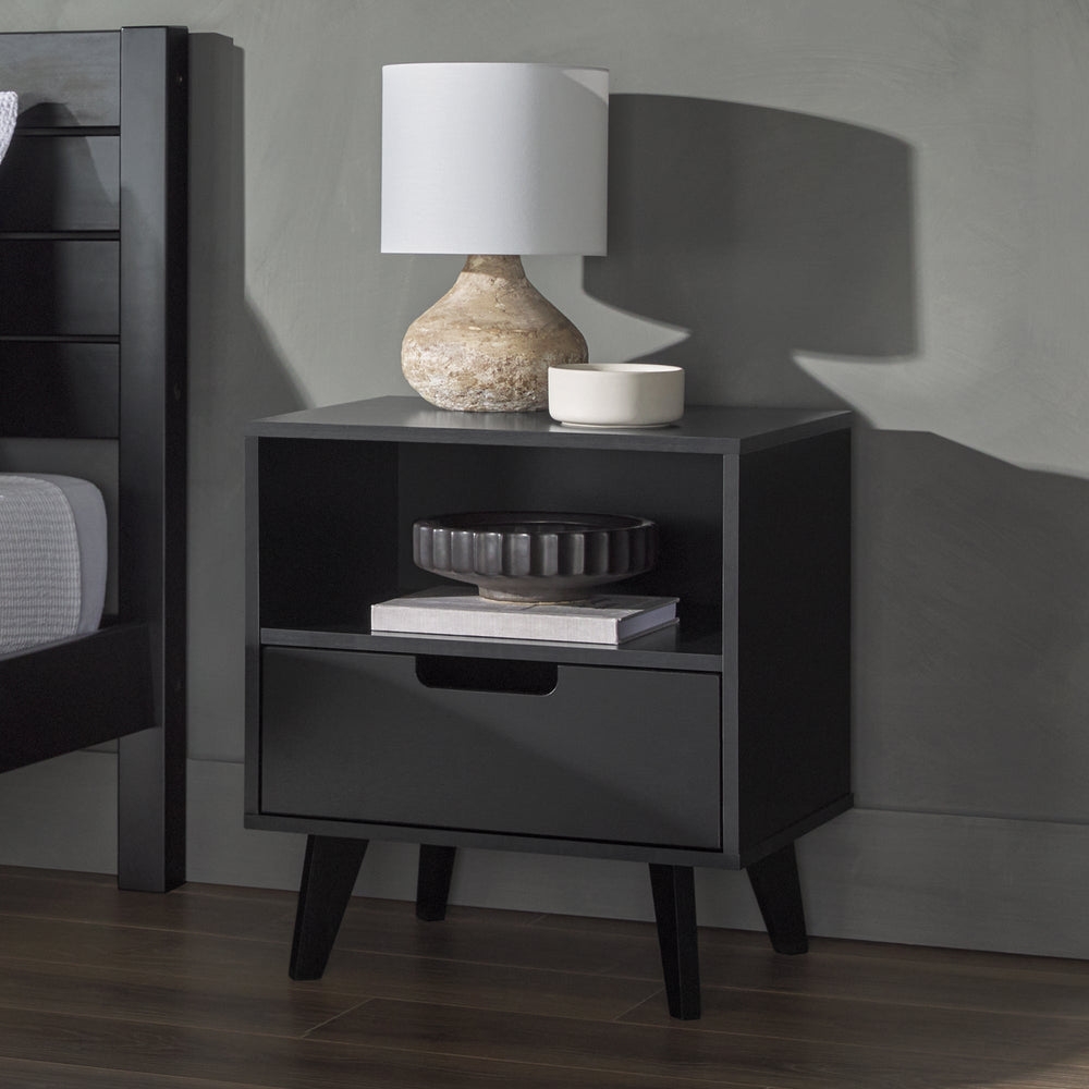Modern 1-Drawer Nightstand with Open Cubby – Black - Image 0
