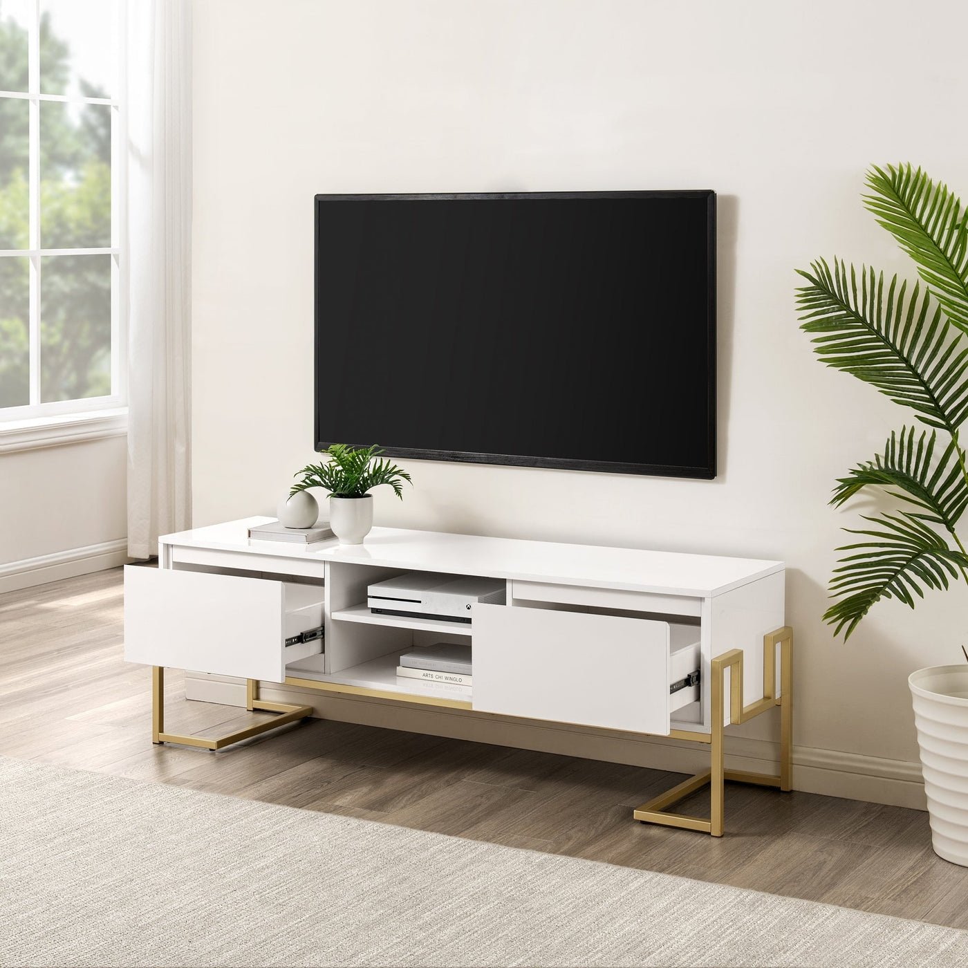 60" 2-Drawer Modern Media Console - Solid White - Image 1
