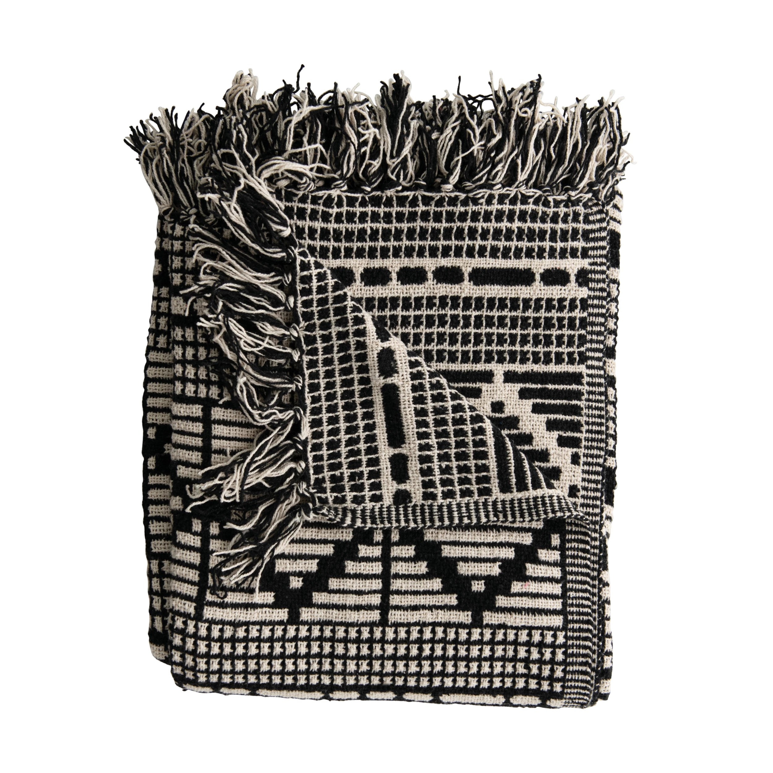 Black & Beige Woven Cotton Blend Throw Blanket with Fringe - Image 5