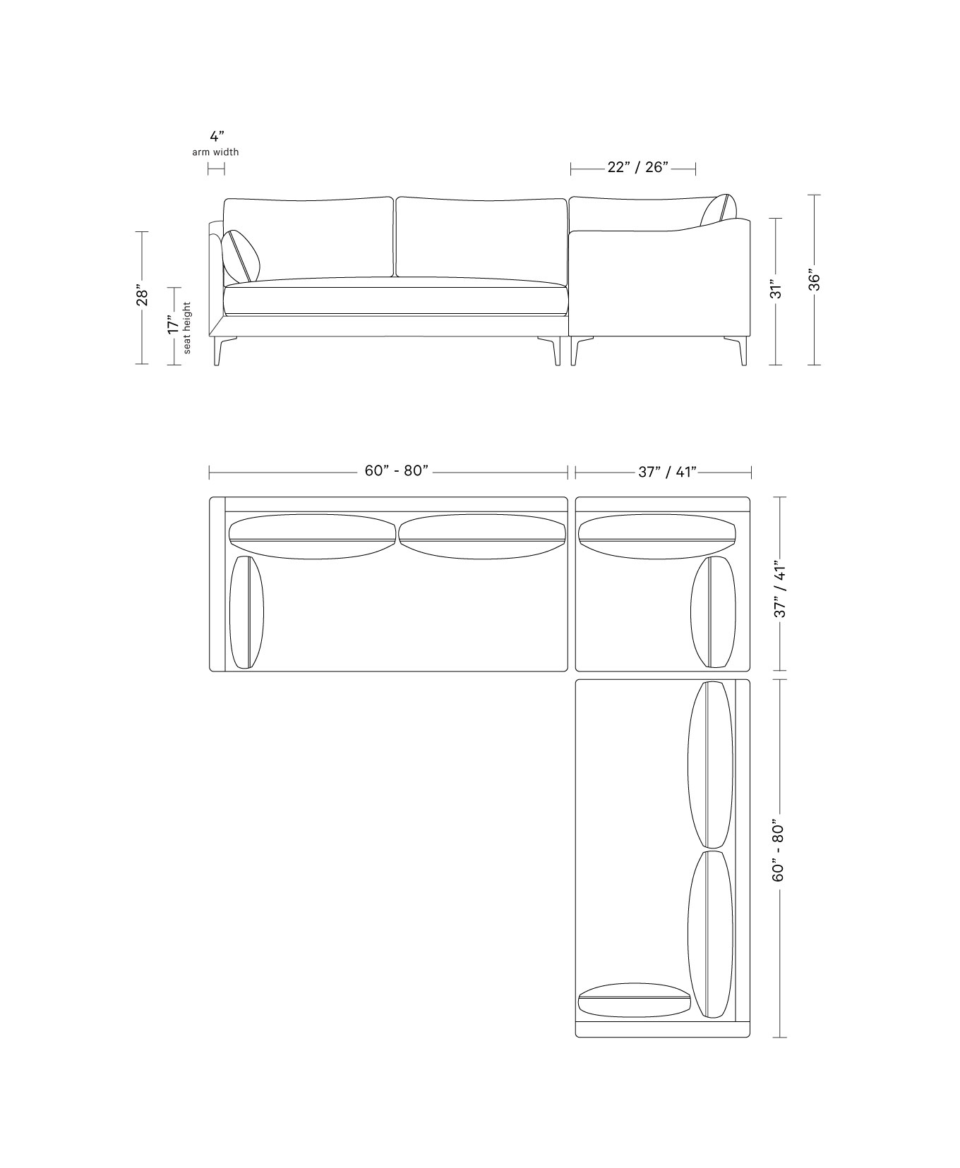Caitlin Corner Sectional Sofa by The Everygirl | 109" x 37" | Misty Performance Antimicrobial Chenille | Natural Oak with Antique Cap Stiletto Leg | Bench Cushion | Down Alternative Fill - Image 5