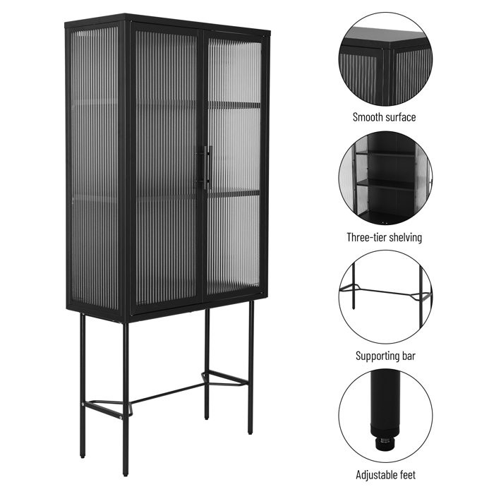Mussab Metal Floor Cabinet with 2 Tempered Glass Doors, Dust-free Tall Storage Cabinet with 3 Layer Shelf - Image 2