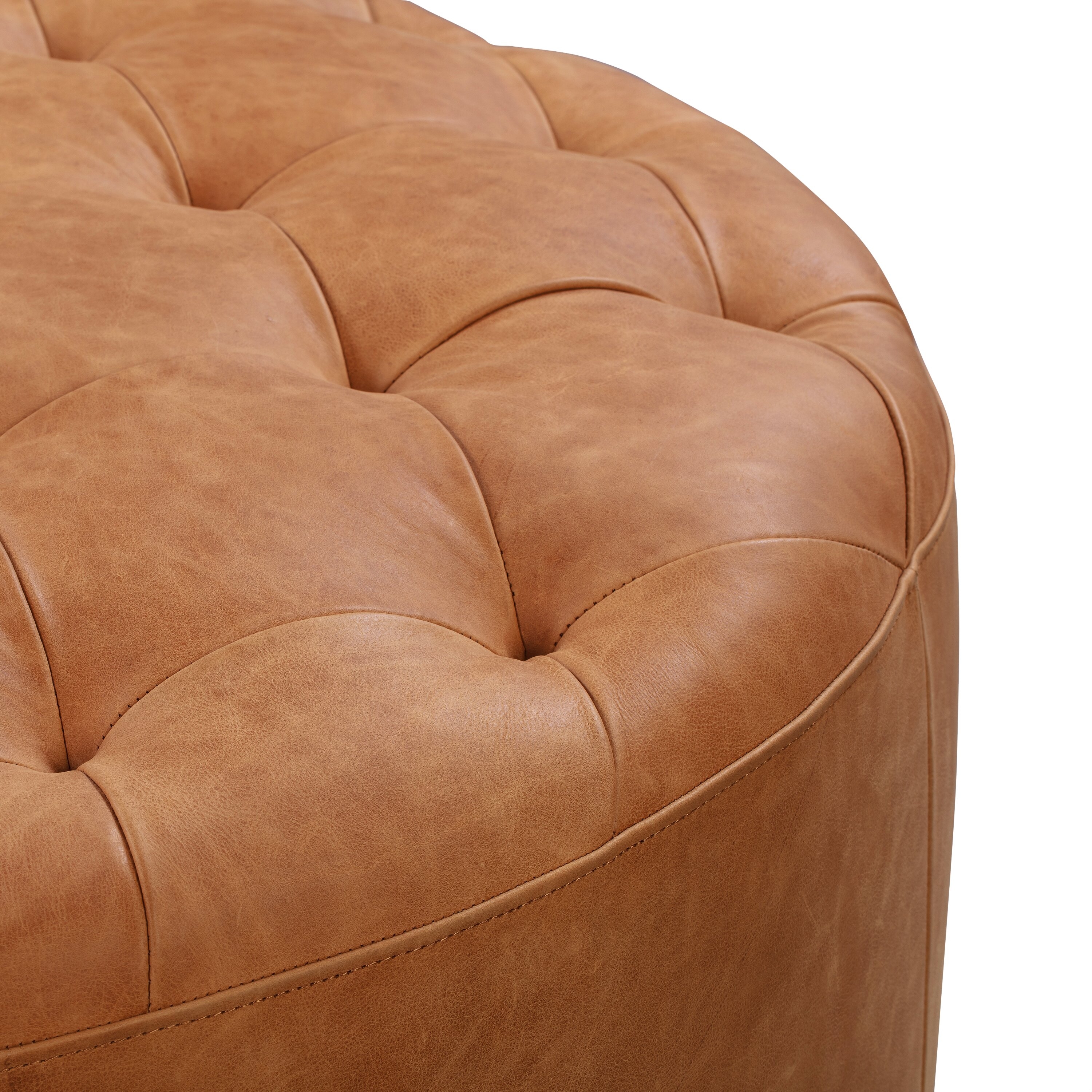 Gazit 40" Genuine Leather Tufted Round Cocktail Ottoman - Image 2