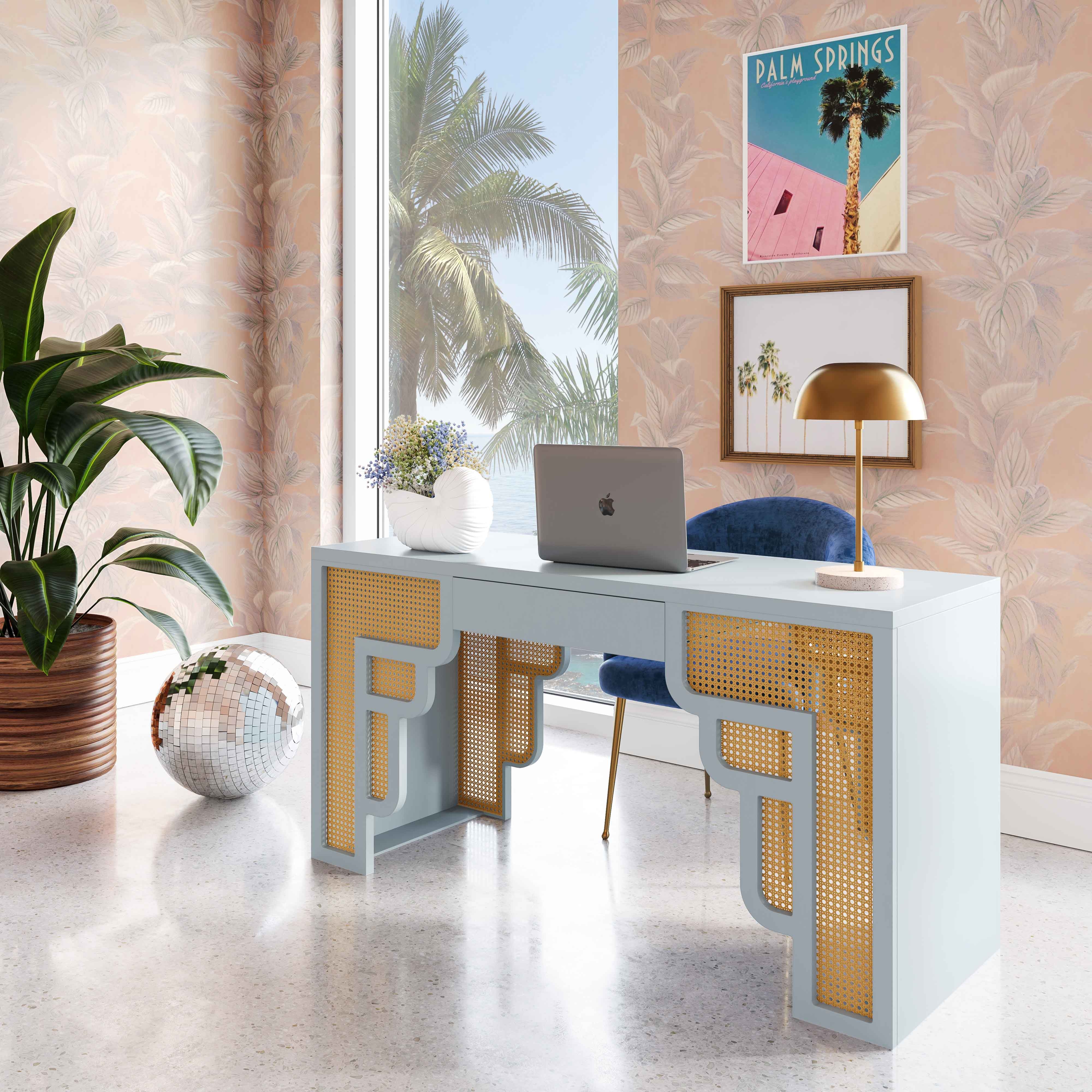 Suzie Pastel Blue & Rattan Executive Desk - Image 1
