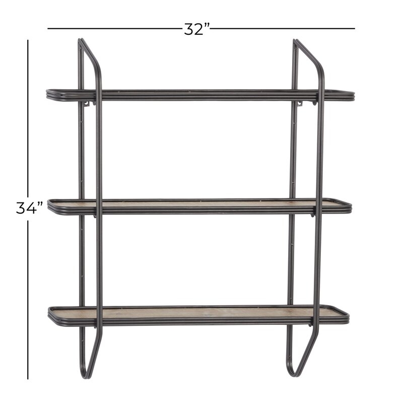 Large Rectangular Silver Metal And Wood 3-Tier Wall Shelf, 32" X 33.5" - Image 4