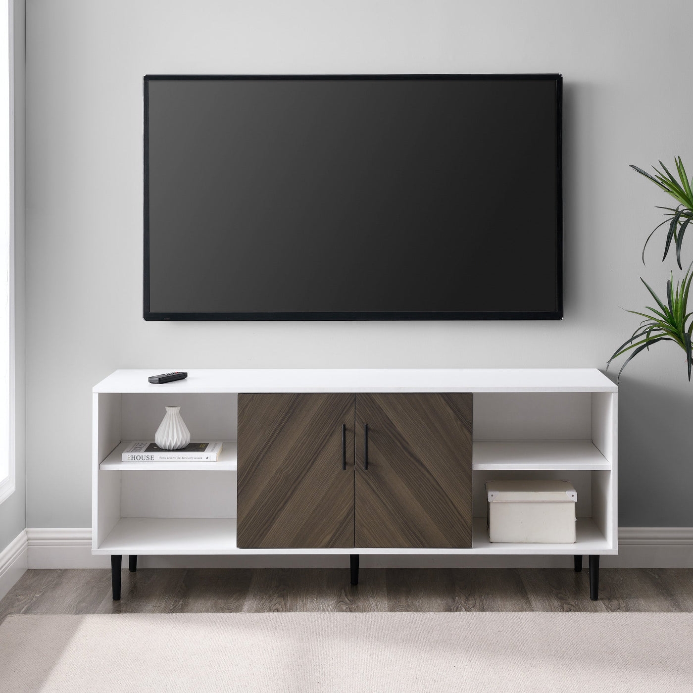 Modern Faux-Bookmatch 2-Door TV Stand for TVs up to 65” – Ash Brown Bookmatch/Solid White - Image 0