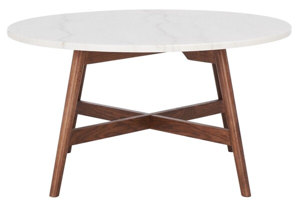 Maja Round Marble Coffee Table - Marble / Walnut - Safavieh - Image 0