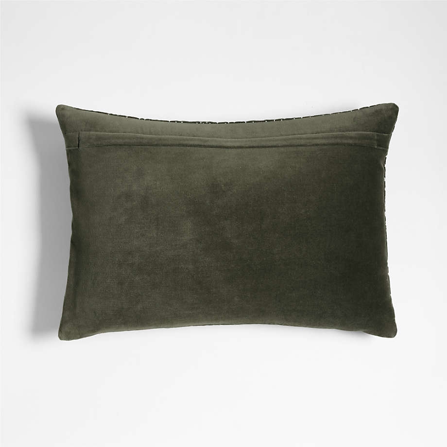 Sashiko Organic Cotton Velvet 22"x15" Burnt Green Throw Pillow with Feather Insert - Image 2