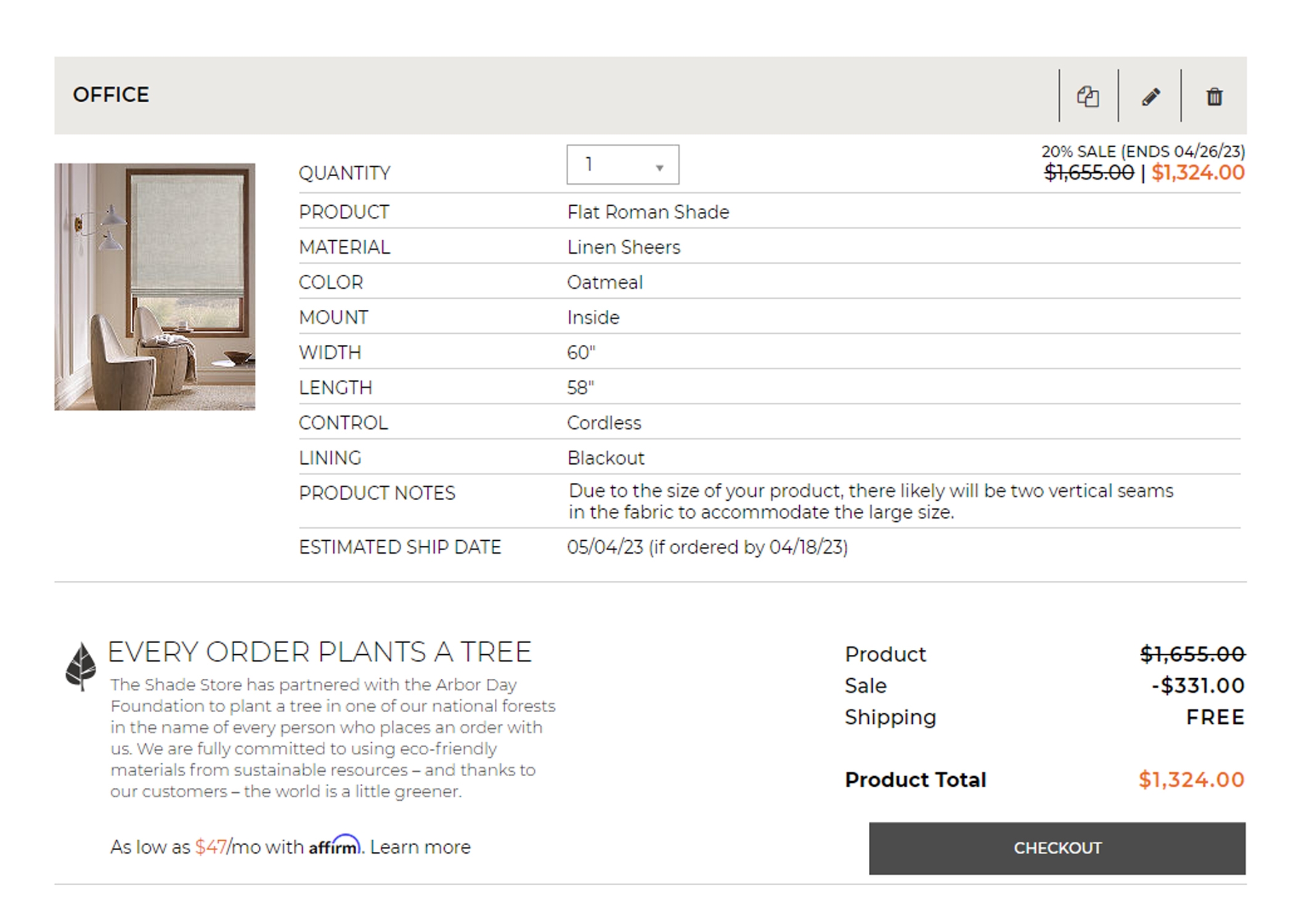 Custom Flat Roman Shade - Image 1