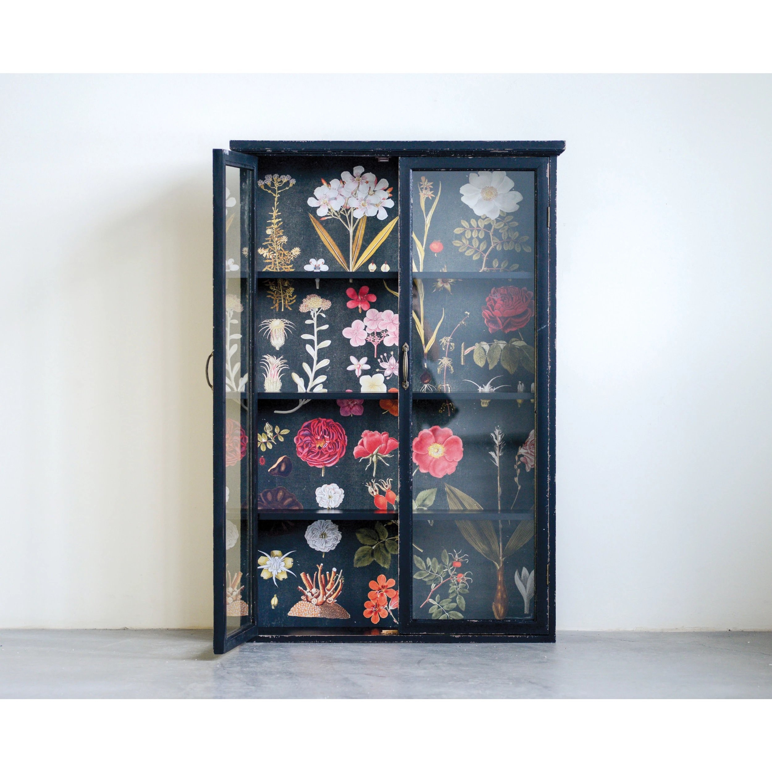 Black Wood Cabinet with Floral Papered Back - Image 2