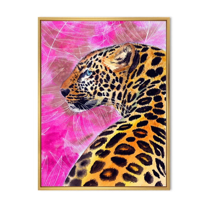 Golden Leopard with Black Spots on Pink - Print on Canvas - Image 0