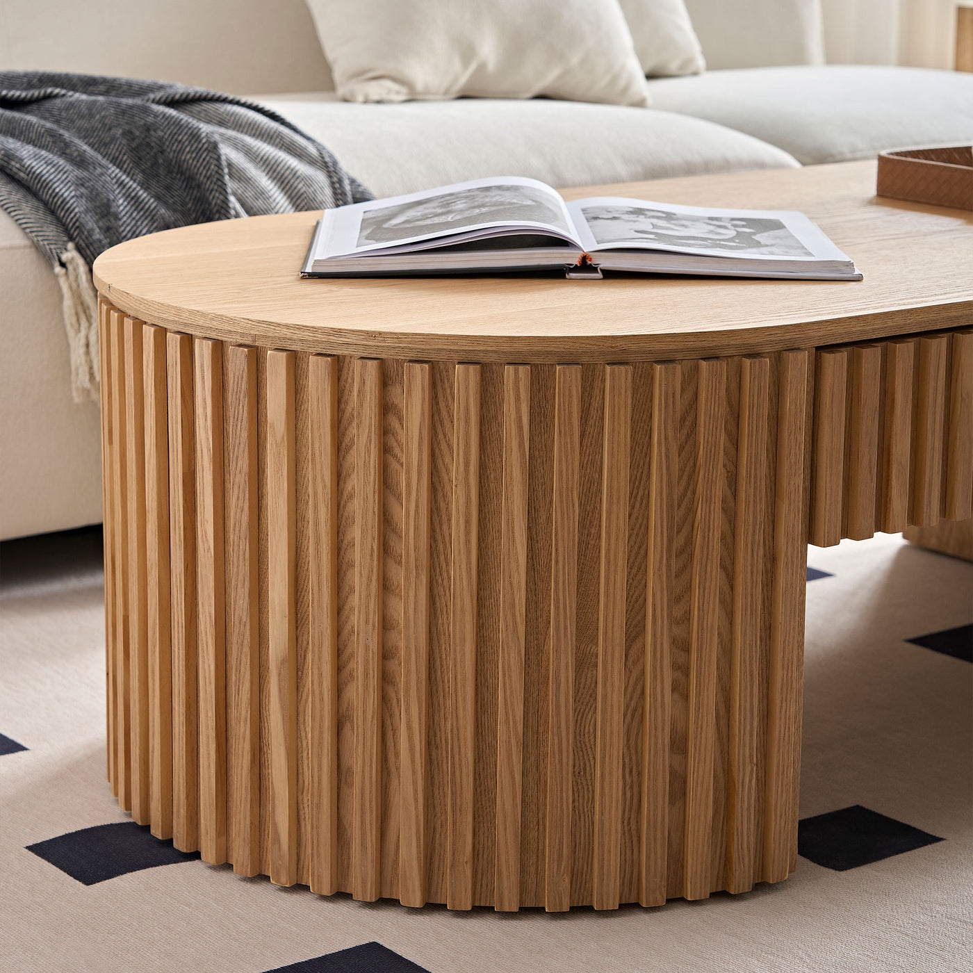Contour & Co. | Reeded Oval Wood Coffee Table With Drawer - Image 1