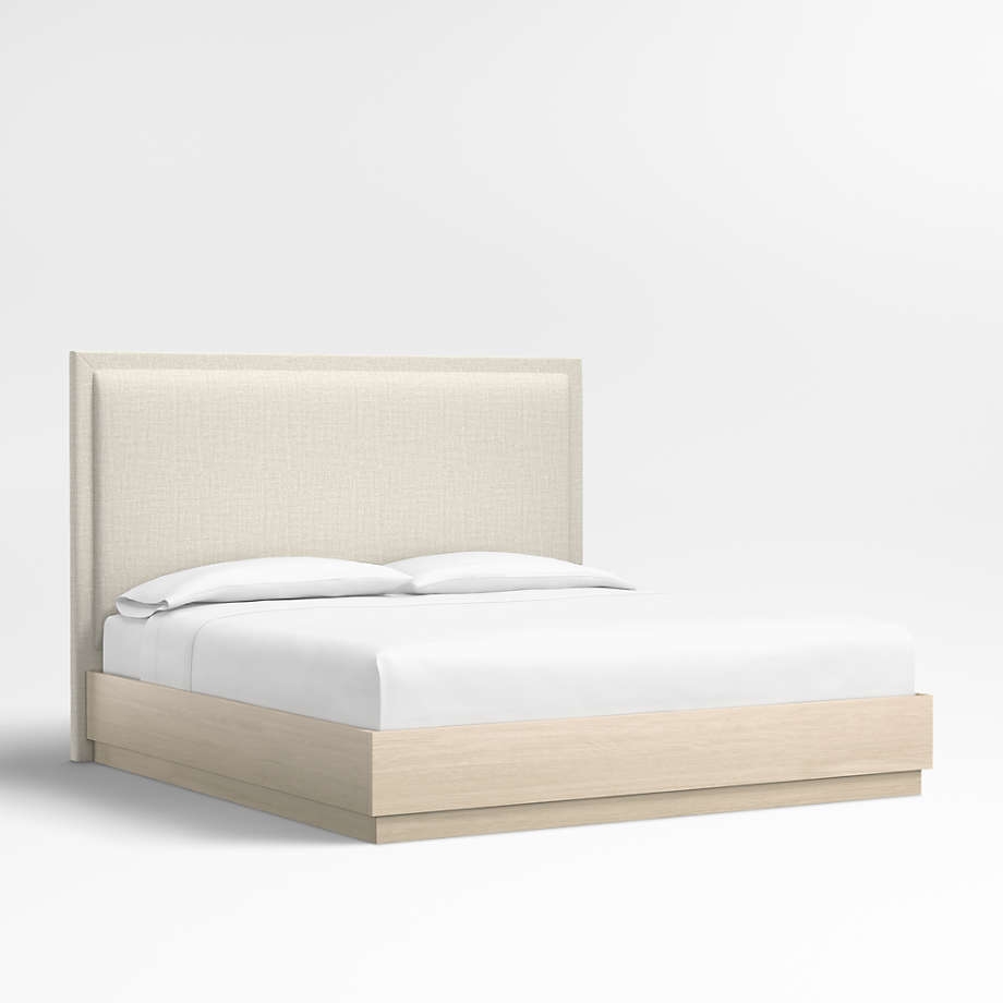 Meraux 56" Natural Beige Upholstered King Headboard with Batten White Oak Bed Base - Image 0