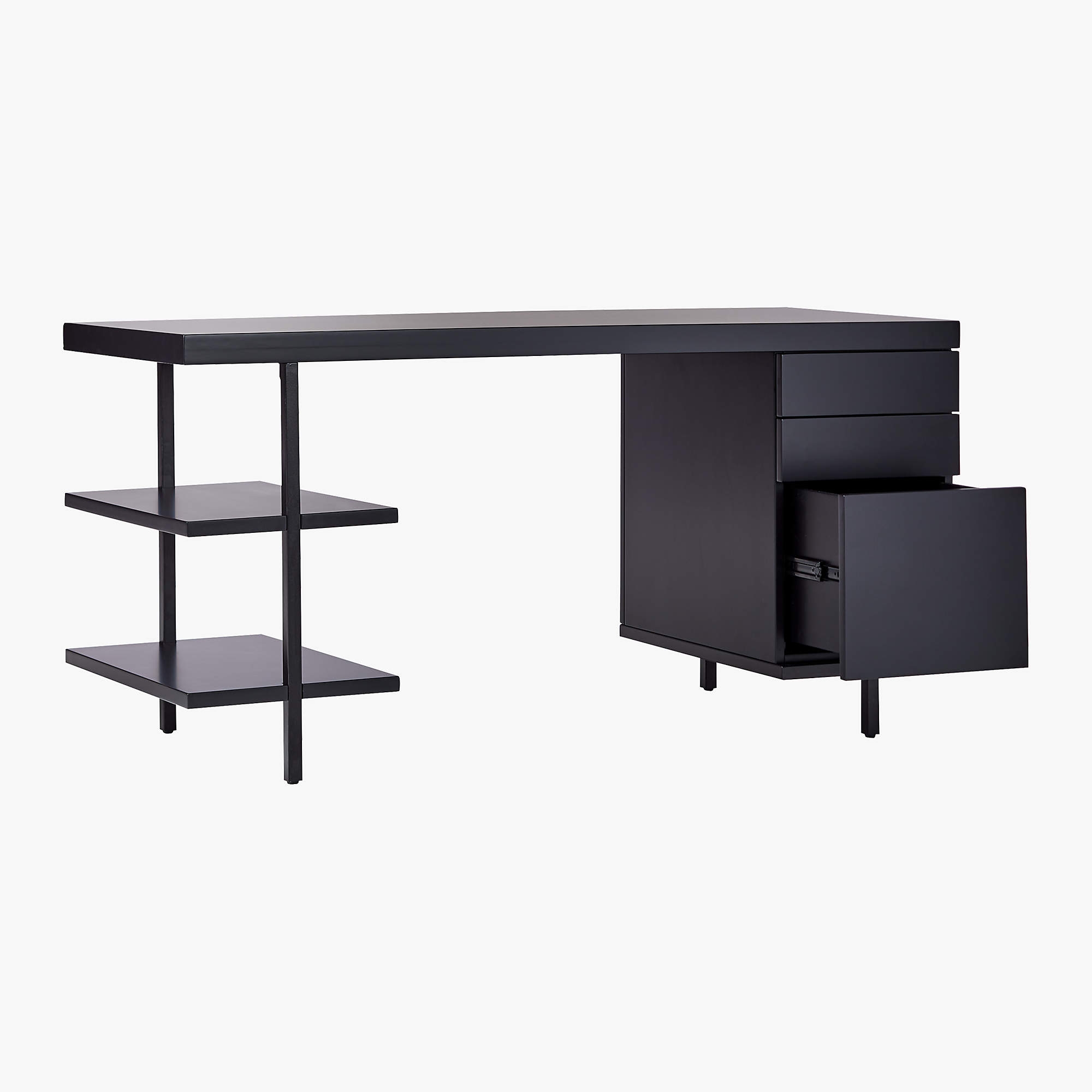 Stairway 3-Drawer Black Wood Desk with Shelves - Image 1