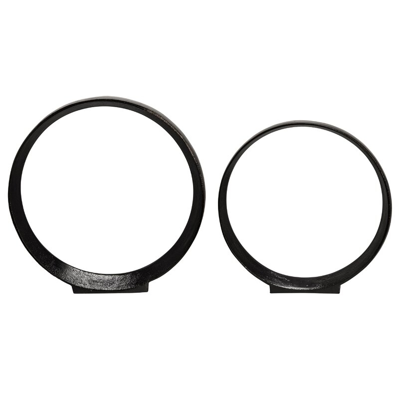 Set of 2 Metal Ring Sculptures - Modern Abstract Black Aluminum 12" and 14" Circular Sculpture - Image 4