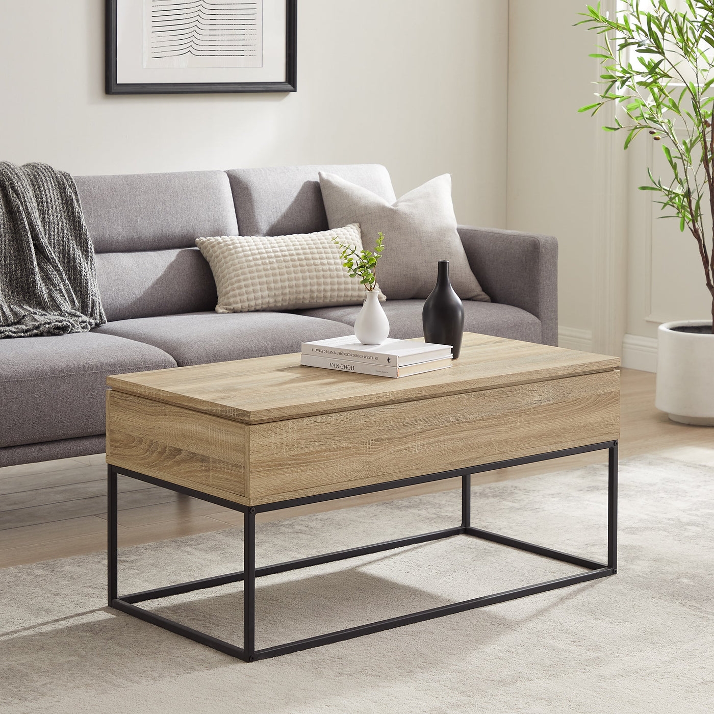 Modern 40 Wood and Metal Lift Top Coffee Table - Image 0