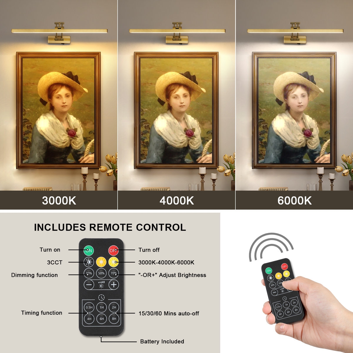 23.6 in. LED Picture Light with Remote Control Dimmable Multiple Color Temperatures Rotatable and Timer - Image 1