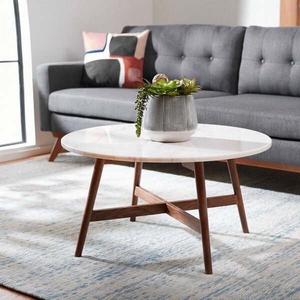 Maja Round Marble Coffee Table - Marble / Walnut - Safavieh - Image 1